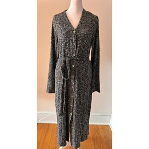 NWT Michael Stars Isla Ribbed Button Midi Women Dress Belted Black Marled 1X